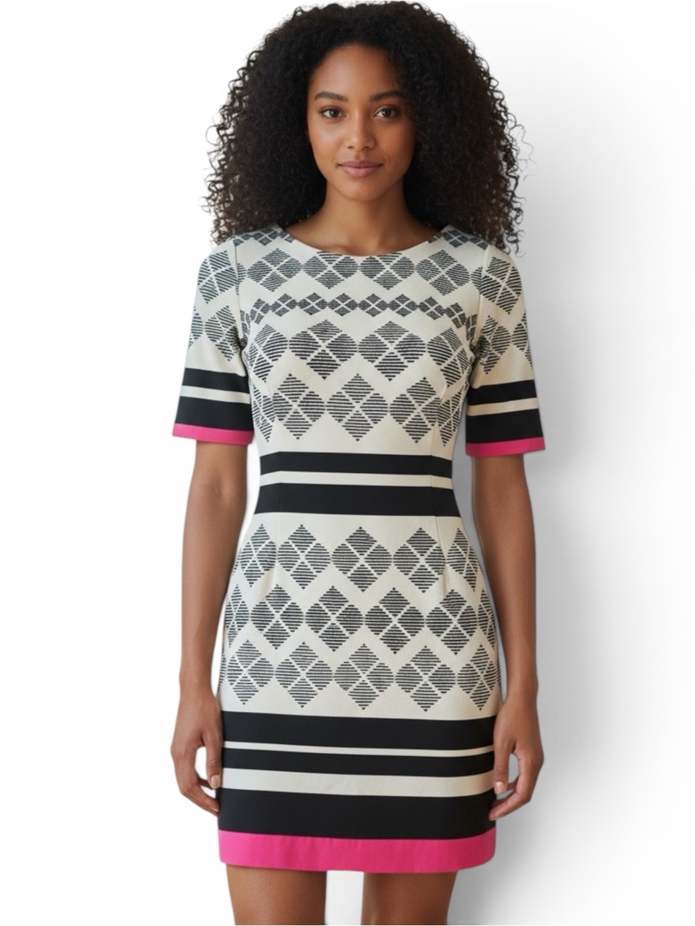 Eliza J Black & White Geometric Midi Dress with Pink Sleeve Trim